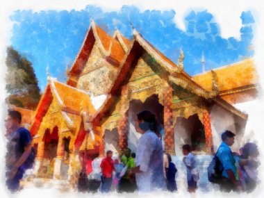 Landscape and scenery of the Ancient Architecture Council in Chiang Mai and tourist attractions of Thailand watercolor style illustration impressionist painting.