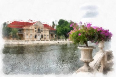 landscape of ancient european architecture in the park watercolor style illustration impressionist painting.
