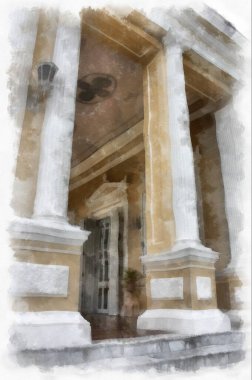 landscape of ancient european architecture in the park watercolor style illustration impressionist painting.