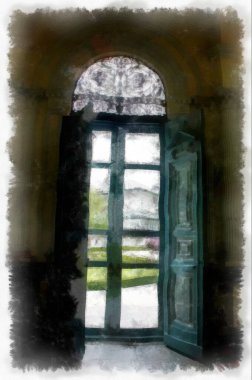 landscape of ancient european architecture in the park watercolor style illustration impressionist painting.