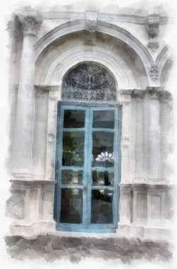 landscape of ancient european architecture in the park watercolor style illustration impressionist painting.