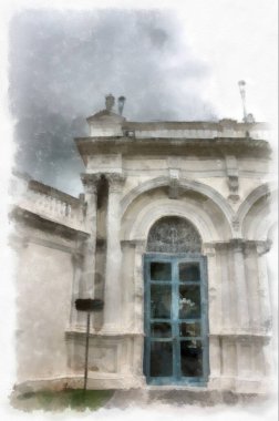 landscape of ancient european architecture in the park watercolor style illustration impressionist painting.