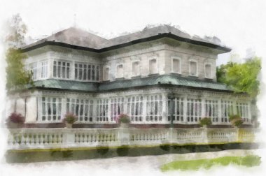 landscape of ancient european architecture in the park watercolor style illustration impressionist painting.