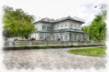 landscape of ancient european architecture in the park watercolor style illustration impressionist painting.