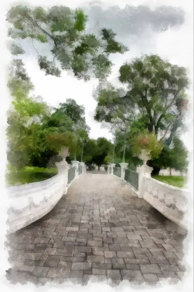 Landscape Ancient European Architecture Park Watercolor Style Illustration Impressionist Painting — 图库照片