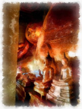 Ancient golden Buddha statue in an ancient church watercolor style illustration impressionist painting.