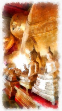 Ancient golden Buddha statue in an ancient church watercolor style illustration impressionist painting.