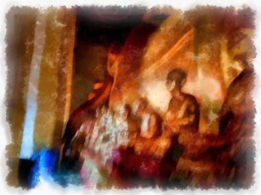 Ancient golden Buddha statue in an ancient church watercolor style illustration impressionist painting.
