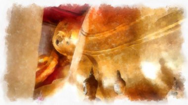 Ancient golden Buddha statue in an ancient church watercolor style illustration impressionist painting.