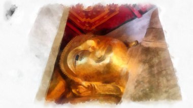 Ancient golden Buddha statue in an ancient church watercolor style illustration impressionist painting.