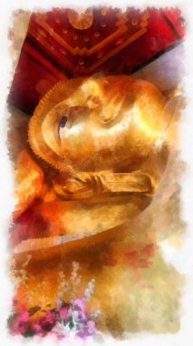 Ancient golden Buddha statue in an ancient church watercolor style illustration impressionist painting.