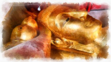 Ancient golden Buddha statue in an ancient church watercolor style illustration impressionist painting.