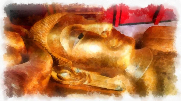 Статуя Древнего Золотого Будды Старинной Церкви Стиле Акварели — стоковое фото