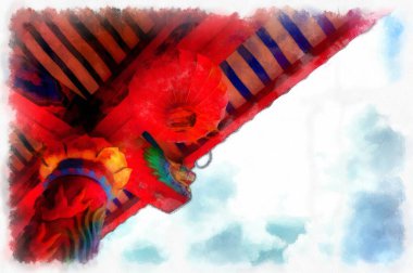 Landscape of ancient chinese shrine watercolor style illustration impressionist painting.