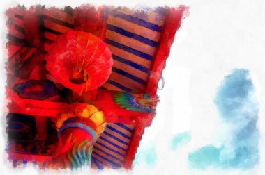 Landscape of ancient chinese shrine watercolor style illustration impressionist painting.