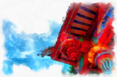 Landscape of ancient chinese shrine watercolor style illustration impressionist painting.