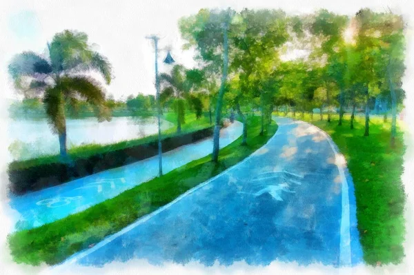 Park Landscape Park Buildings Watercolor Style Illustration Impressionist Painting — 图库照片