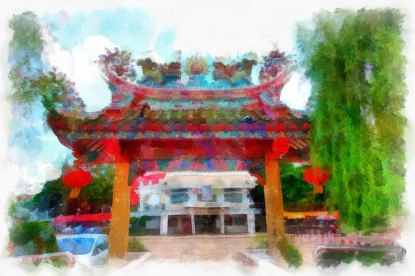 Landscape Ancient Chinese Shrine Watercolor Style Illustration Impressionist Painting — Photo