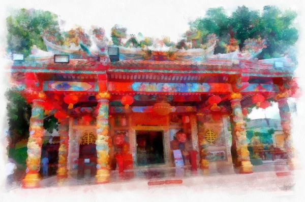Landscape Ancient Chinese Shrine Watercolor Style Illustration Impressionist Painting — Stockfoto
