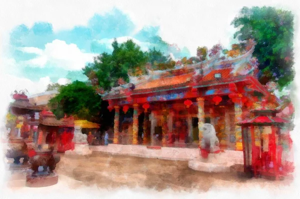 Landscape Ancient Chinese Shrine Watercolor Style Illustration Impressionist Painting — Stok fotoğraf