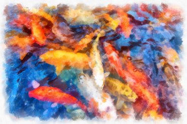 A group of koi fish in the pond watercolor style illustration impressionist painting.