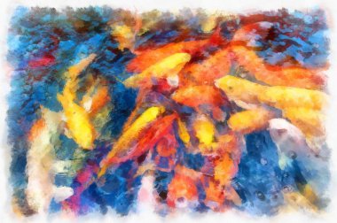 A group of koi fish in the pond watercolor style illustration impressionist painting.