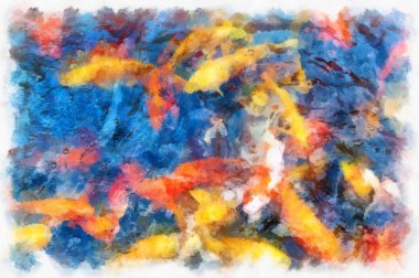 A group of koi fish in the pond watercolor style illustration impressionist painting.