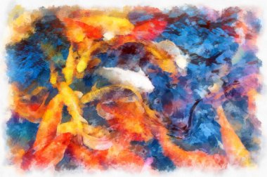 A group of koi fish in the pond watercolor style illustration impressionist painting.