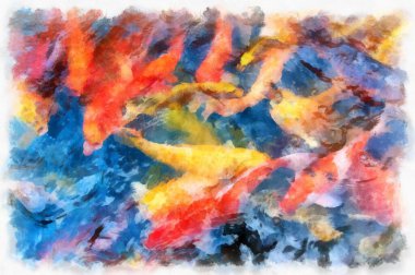 A group of koi fish in the pond watercolor style illustration impressionist painting.