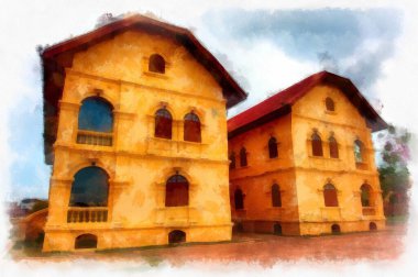 The ancient yellow building colonial architecture There are beautiful decorative stucco components, doors and windows watercolor style illustration impressionist painting.