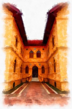 The ancient yellow building colonial architecture There are beautiful decorative stucco components, doors and windows watercolor style illustration impressionist painting.