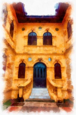 The ancient yellow building colonial architecture There are beautiful decorative stucco components, doors and windows watercolor style illustration impressionist painting.