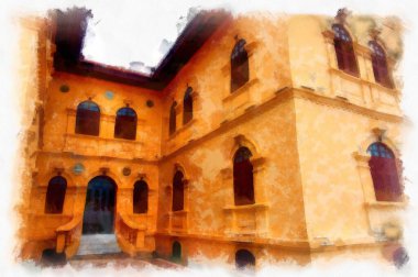 The ancient yellow building colonial architecture There are beautiful decorative stucco components, doors and windows watercolor style illustration impressionist painting.