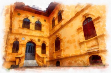 The ancient yellow building colonial architecture There are beautiful decorative stucco components, doors and windows watercolor style illustration impressionist painting.