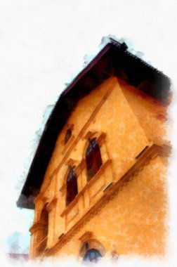 The ancient yellow building colonial architecture There are beautiful decorative stucco components, doors and windows watercolor style illustration impressionist painting.