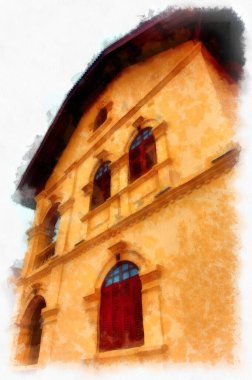 The ancient yellow building colonial architecture There are beautiful decorative stucco components, doors and windows watercolor style illustration impressionist painting.