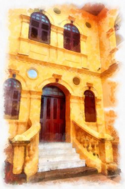 The ancient yellow building colonial architecture There are beautiful decorative stucco components, doors and windows watercolor style illustration impressionist painting.