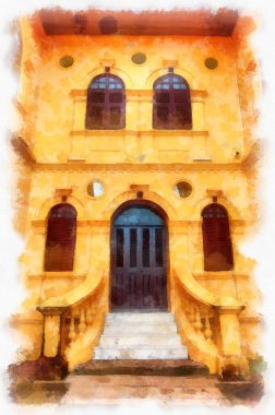 The ancient yellow building colonial architecture There are beautiful decorative stucco components, doors and windows watercolor style illustration impressionist painting.