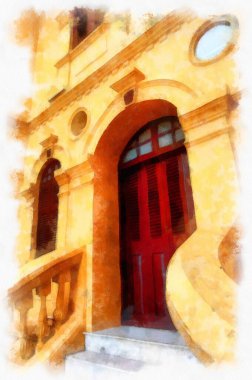The ancient yellow building colonial architecture There are beautiful decorative stucco components, doors and windows watercolor style illustration impressionist painting.