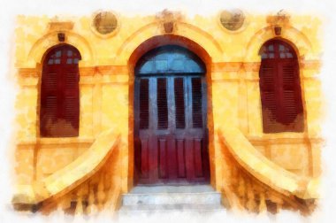 The ancient yellow building colonial architecture There are beautiful decorative stucco components, doors and windows watercolor style illustration impressionist painting.
