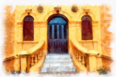 The ancient yellow building colonial architecture There are beautiful decorative stucco components, doors and windows watercolor style illustration impressionist painting.