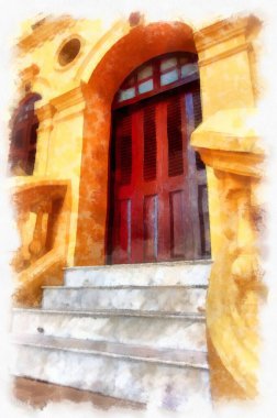 The ancient yellow building colonial architecture There are beautiful decorative stucco components, doors and windows watercolor style illustration impressionist painting.