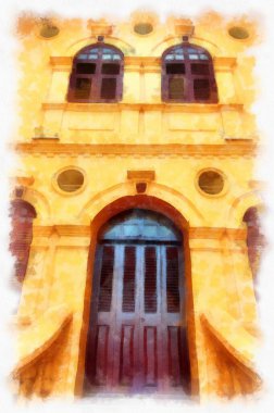 The ancient yellow building colonial architecture There are beautiful decorative stucco components, doors and windows watercolor style illustration impressionist painting.