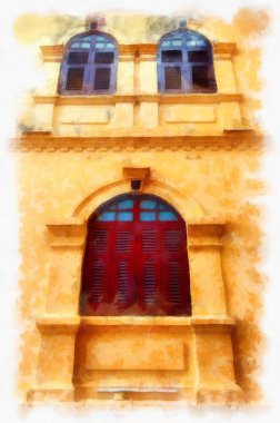 The ancient yellow building colonial architecture There are beautiful decorative stucco components, doors and windows watercolor style illustration impressionist painting.