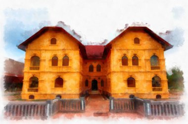 The ancient yellow building colonial architecture There are beautiful decorative stucco components, doors and windows watercolor style illustration impressionist painting.