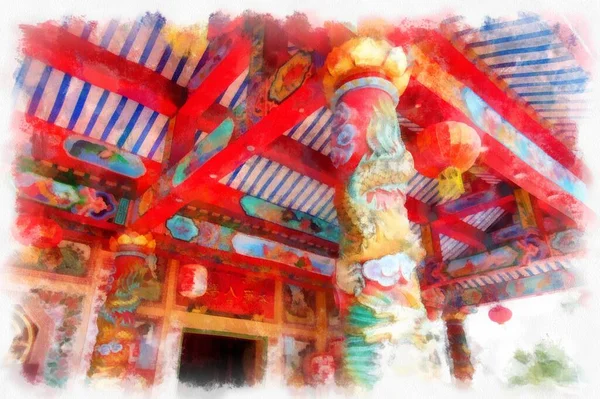 Landscape Ancient Chinese Shrine Watercolor Style Illustration Impressionist Painting — ストック写真