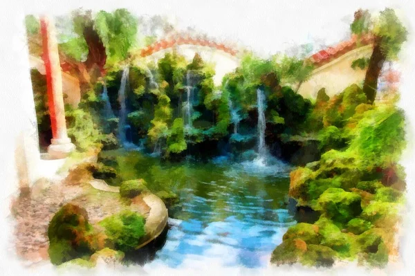 Landscape of ancient chinese shrine watercolor style illustration impressionist painting.