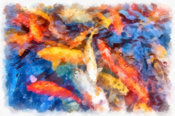 A group of koi fish in the pond watercolor style illustration impressionist painting.