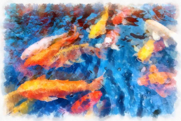 Group Koi Fish Pond Watercolor Style Illustration Impressionist Painting — 스톡 사진