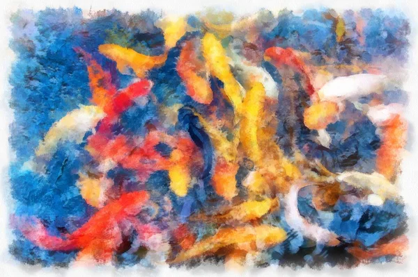 A group of koi fish in the pond watercolor style illustration impressionist painting.